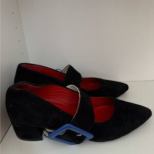 Black Suede Mary Janes with removable strap Blue Buckle